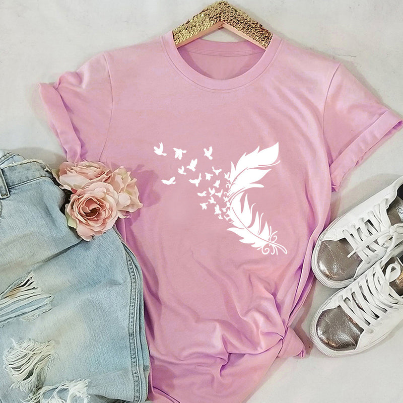 Summer Plus Size Women Clothing New Feather Print T-Shirt