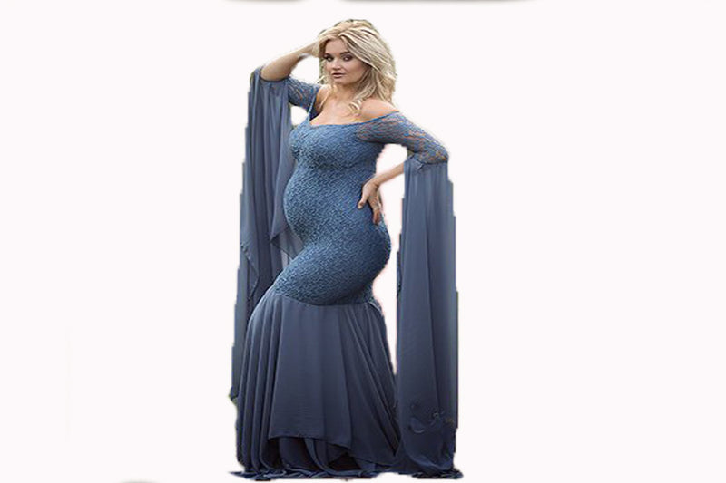 Women's Clothing Lace Stitching Pregnant Women Super Long Sleeve Dress