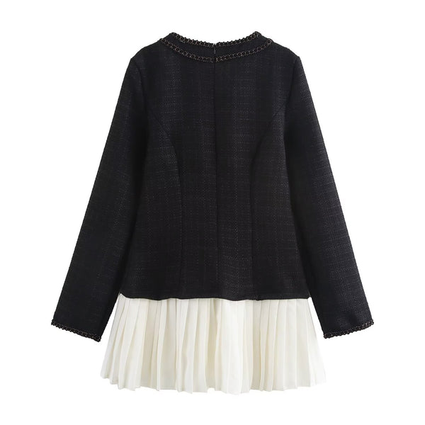 Autumn Women Clothing Retro Elegant Coarse Woven Stitching Pleated Dress